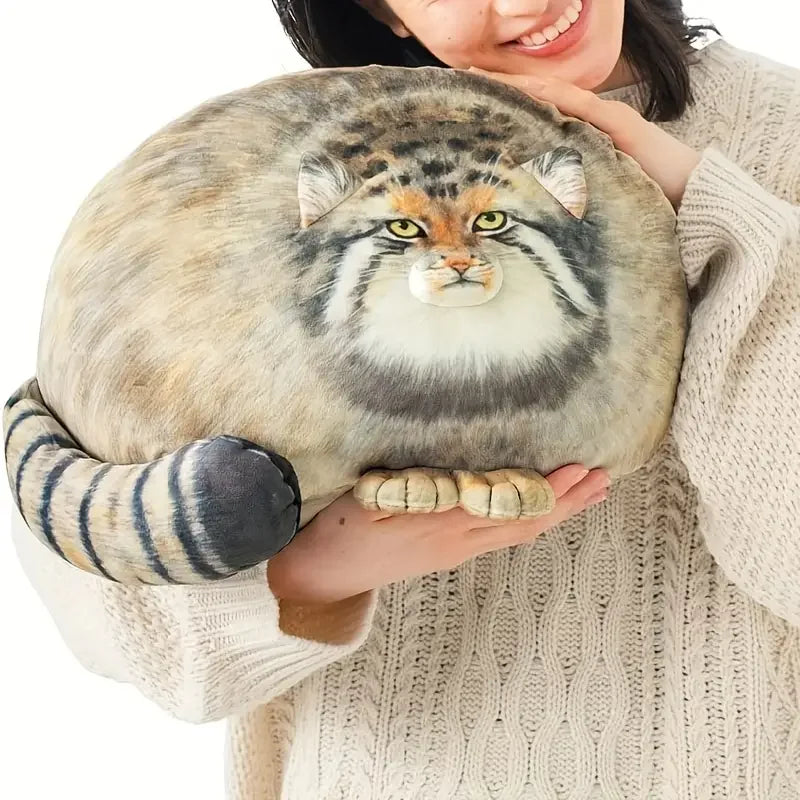 Chubby Manul Cat Plush Pillow with Striped Tail