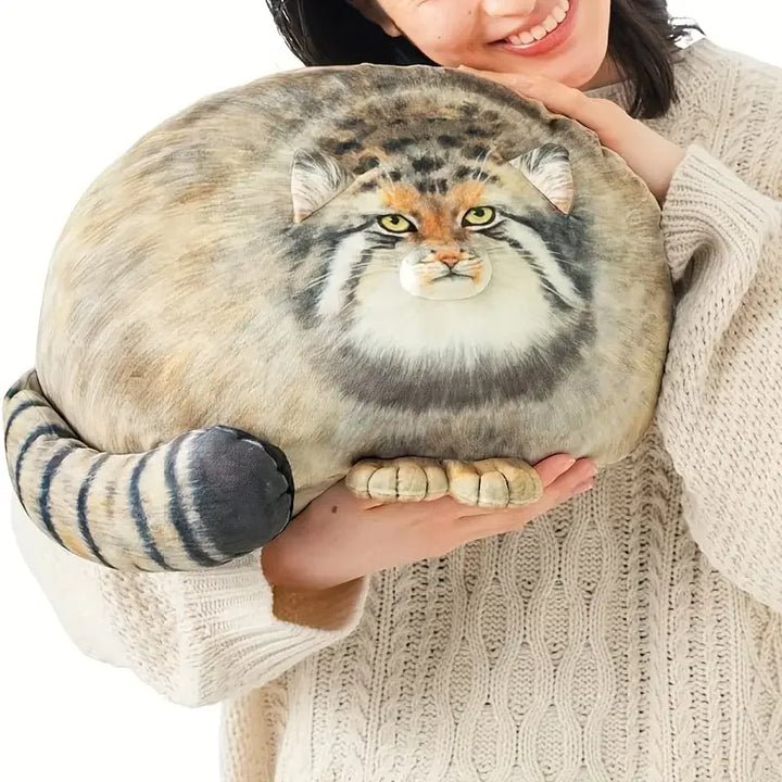 Chubby Manul Cat Plush Pillow with Striped Tail