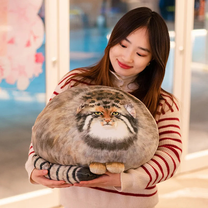 Chubby Manul Cat Plush Pillow with Striped Tail