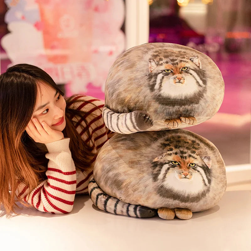 Chubby Manul Cat Plush Pillow with Striped Tail