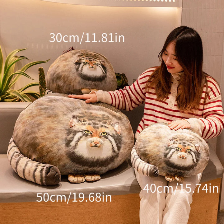 Chubby Manul Cat Plush Pillow with Striped Tail