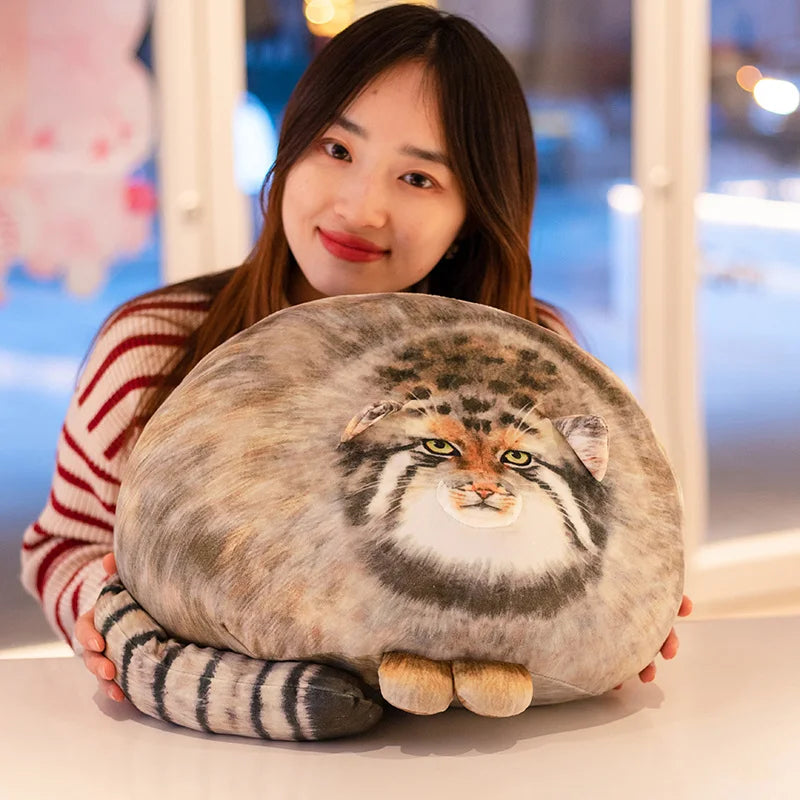 Chubby Manul Cat Plush Pillow with Striped Tail