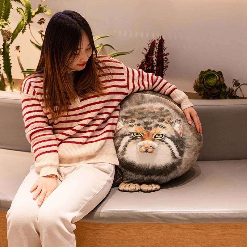 Chubby Manul Cat Plush Pillow with Striped Tail