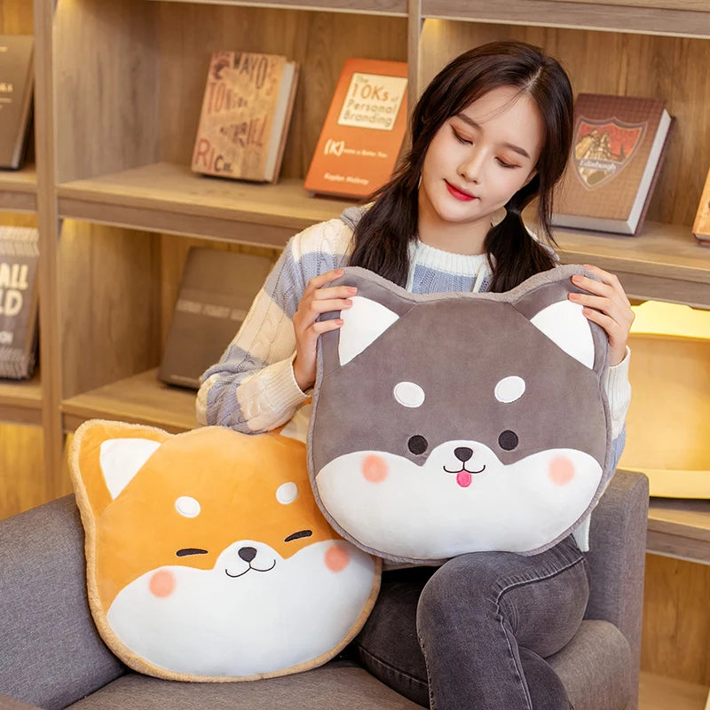 Adorable Grey Shiba Inu Face Plush Pillow