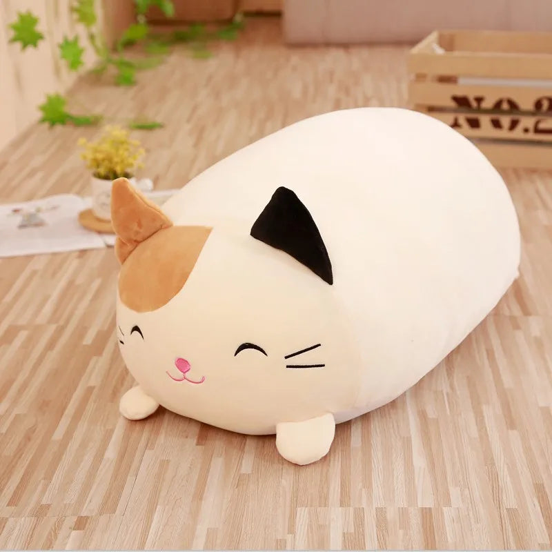 Chubby Calico Cat Plush Pillow with Smiling Face