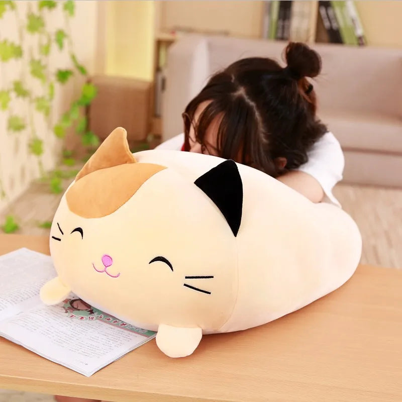 Chubby Calico Cat Plush Pillow with Smiling Face