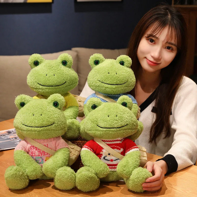 Cute Green Plush Frog with Knitted Sweater & Bag