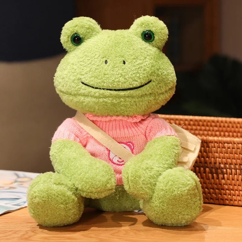 Cute Green Plush Frog with Knitted Sweater & Bag