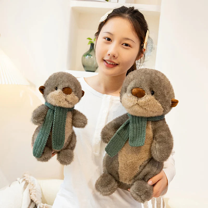 Cuddly Plush Otter with Knitted Green Scarf