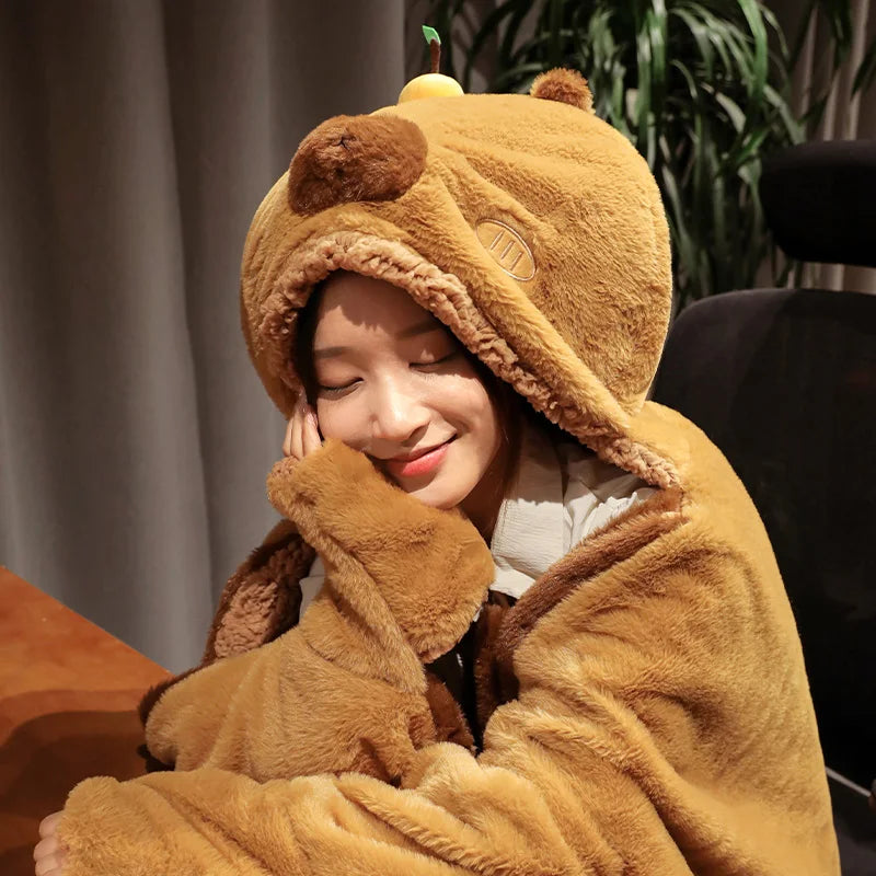 Brown Capybara Plush Animal Hood with Scarf & Paws