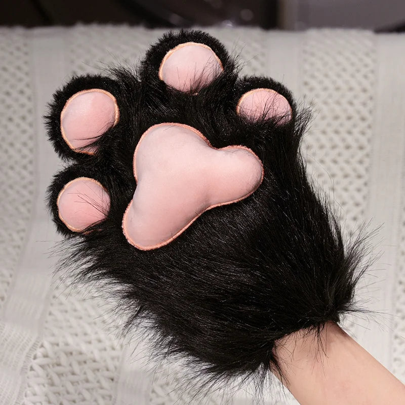 Fluffy White Paw Mittens with Pink Pads