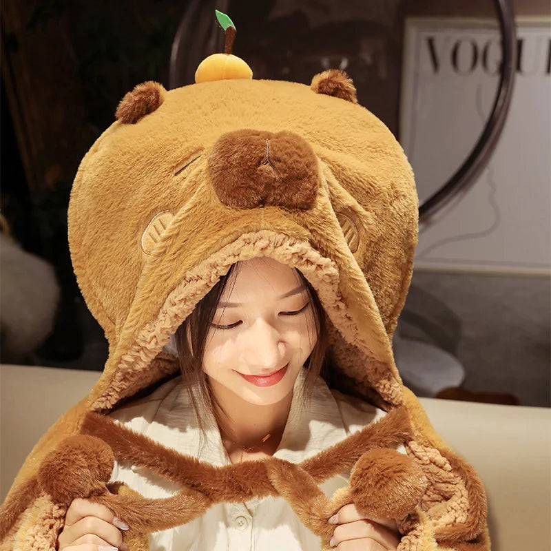 Brown Capybara Plush Animal Hood with Scarf & Paws
