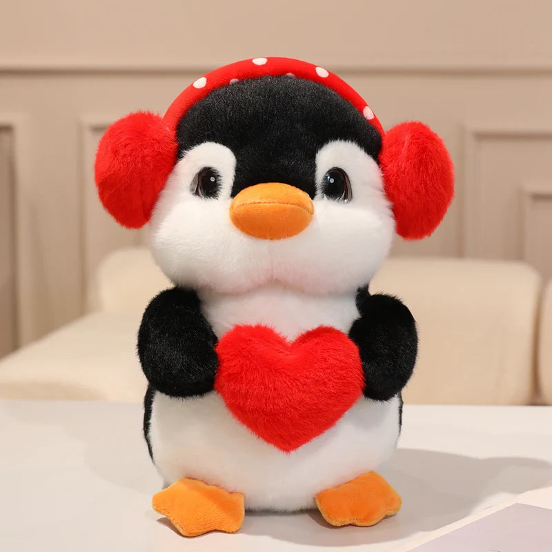 Adorable Plush Penguin with Red Heart and Polka Dot Earmuffs