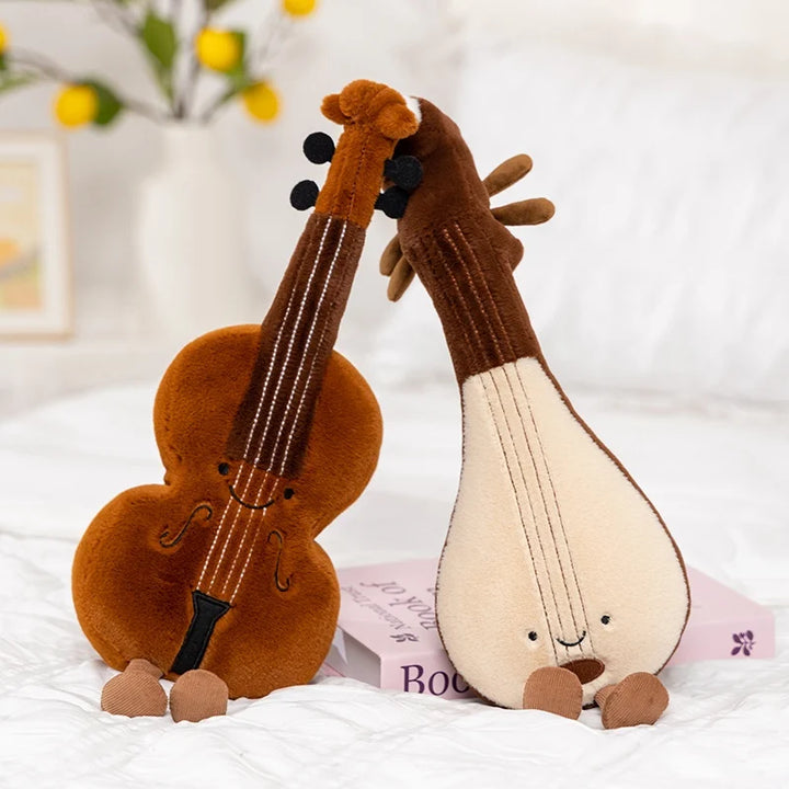 Cute Brown Violin Plush Toy with Smile Face