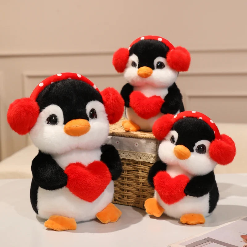 Adorable Plush Penguin with Red Heart and Polka Dot Earmuffs