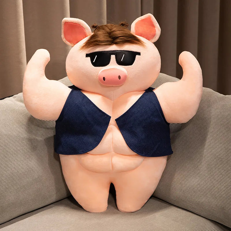 Muscle Pig Plush Toy with Denim Vest