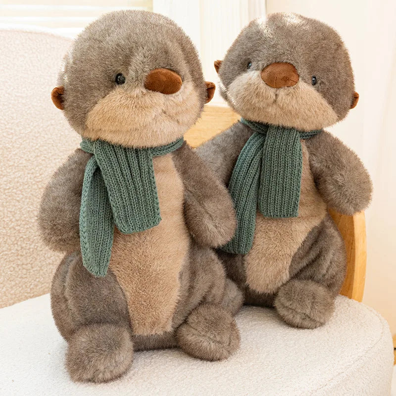 Cuddly Plush Otter with Knitted Green Scarf