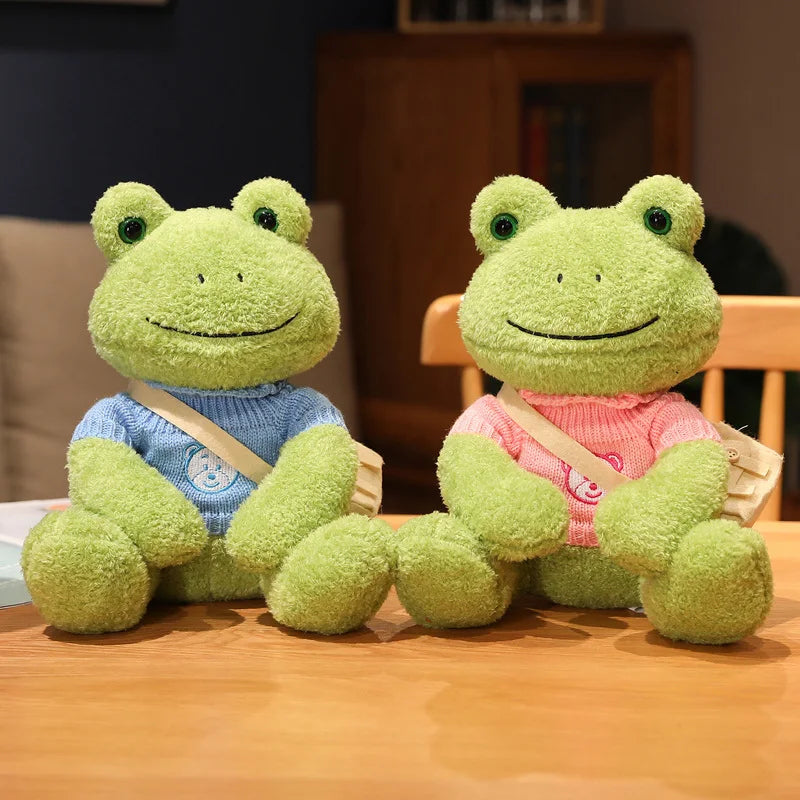 Cute Green Plush Frog with Knitted Sweater & Bag