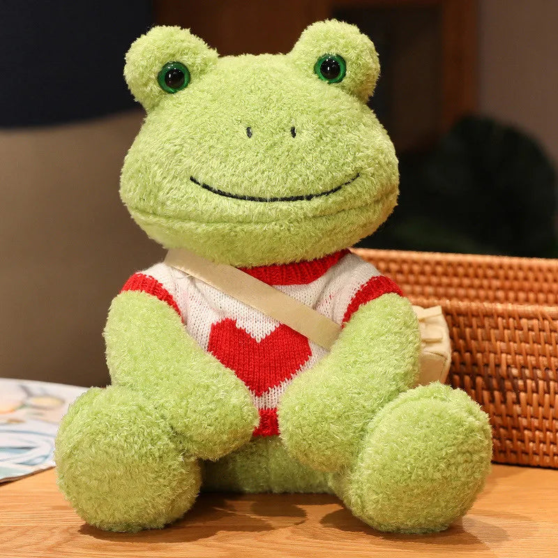 Cute Green Plush Frog with Knitted Sweater & Bag