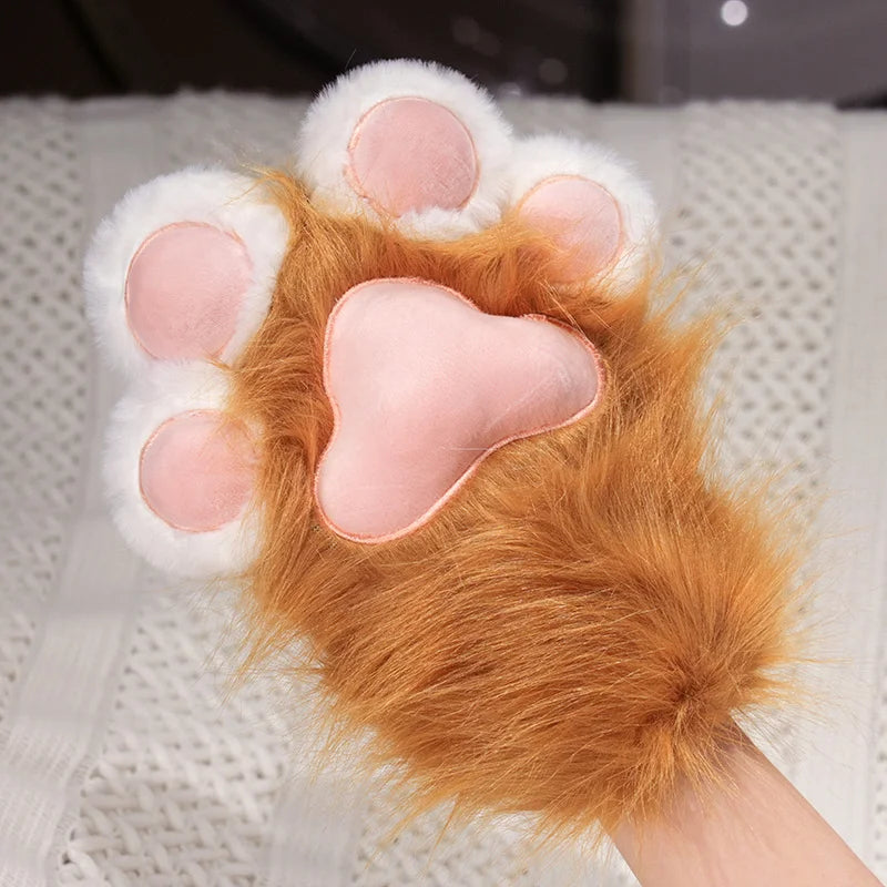 Fluffy White Paw Mittens with Pink Pads