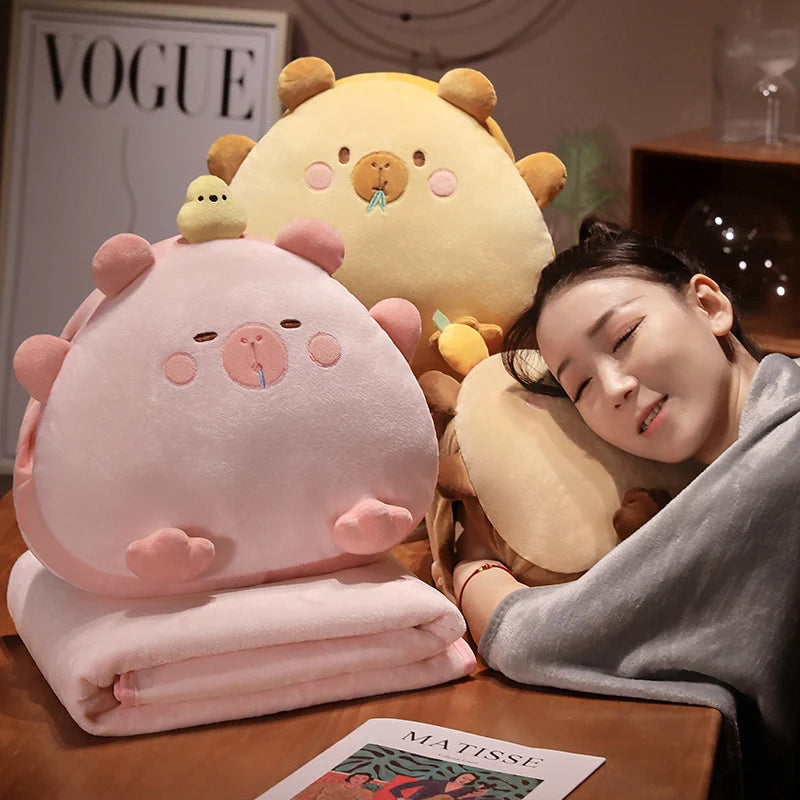 Beige Sleepy Animal Plush Pillow with Hidden Blanket
