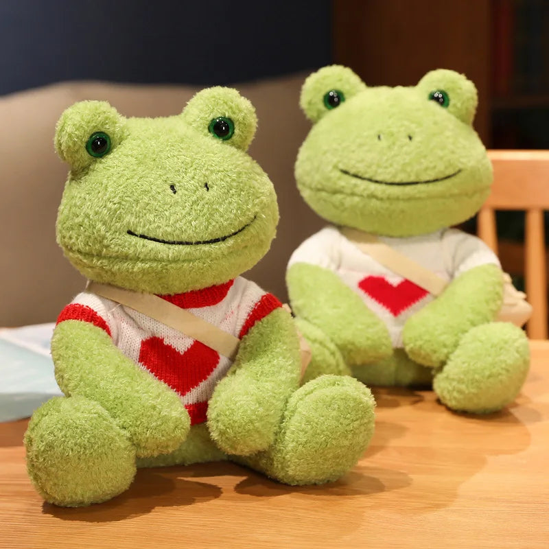 Cute Green Plush Frog with Knitted Sweater & Bag