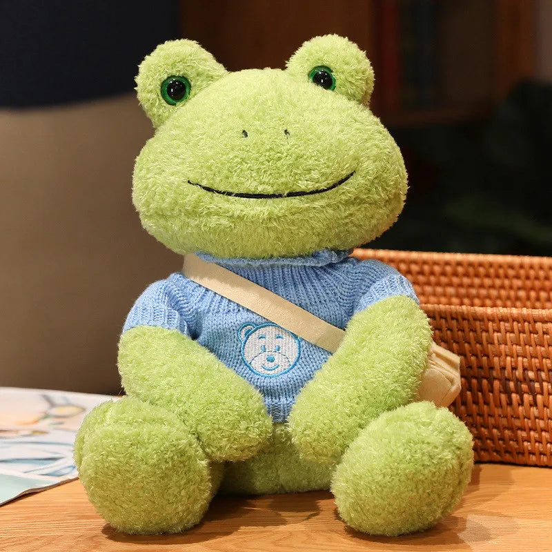 Cute Green Plush Frog with Knitted Sweater & Bag