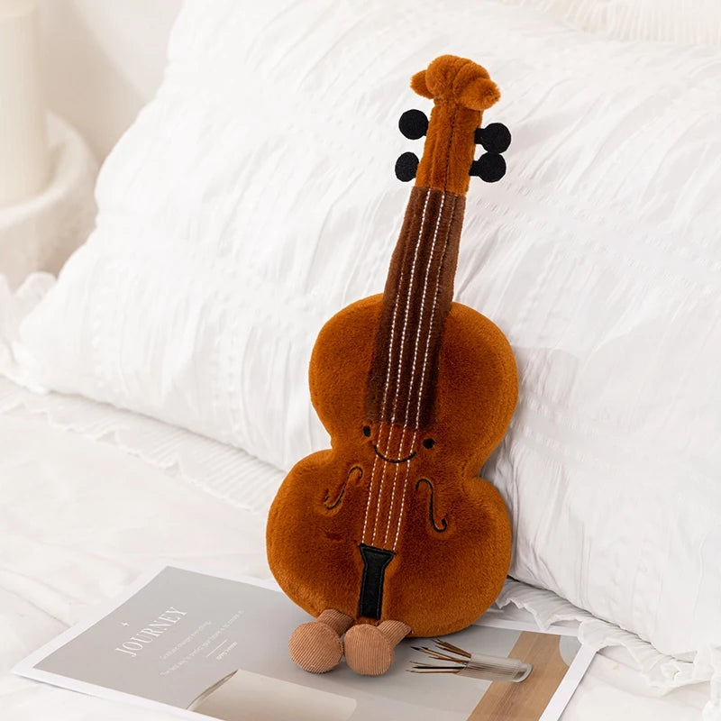 Cute Brown Violin Plush Toy with Smile Face