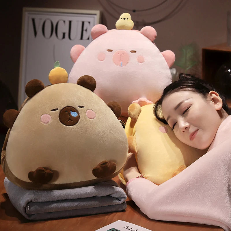 Beige Sleepy Animal Plush Pillow with Hidden Blanket