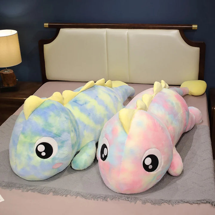 Blue and Yellow Tie-Dye Dinosaur Plush Body Pillow