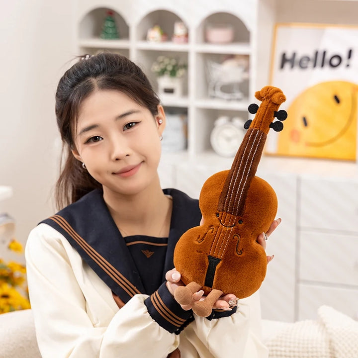 Cute Brown Violin Plush Toy with Smile Face