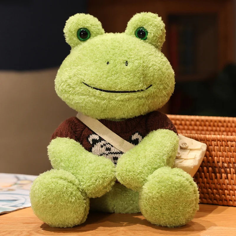 Cute Green Plush Frog with Knitted Sweater & Bag