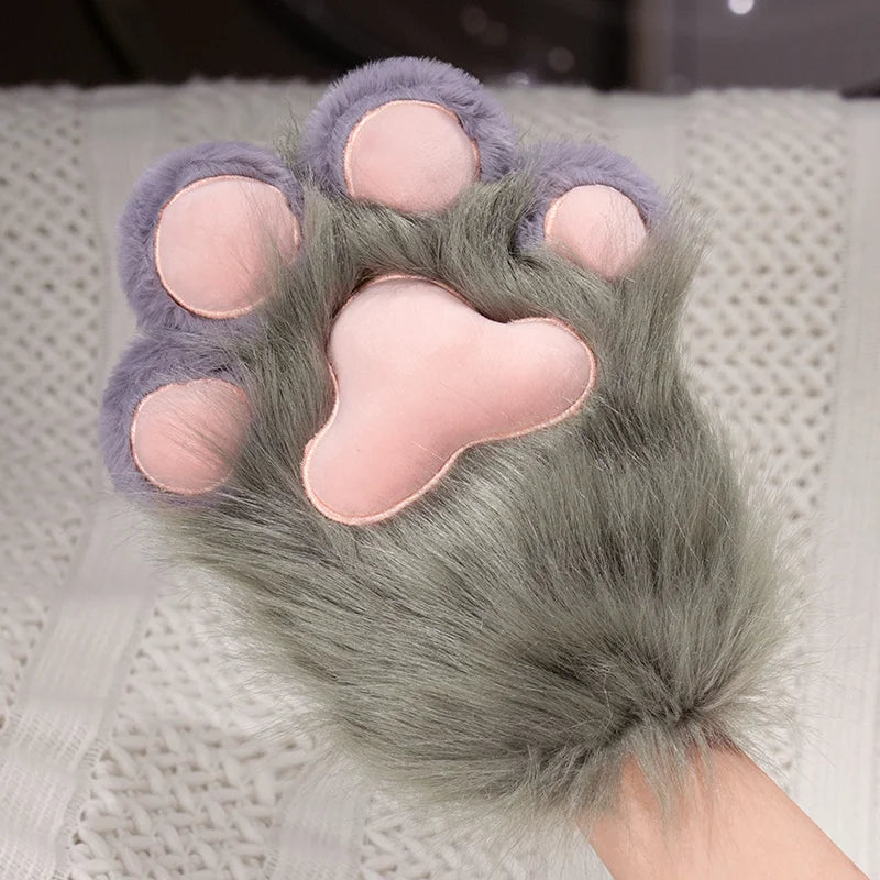 Fluffy White Paw Mittens with Pink Pads