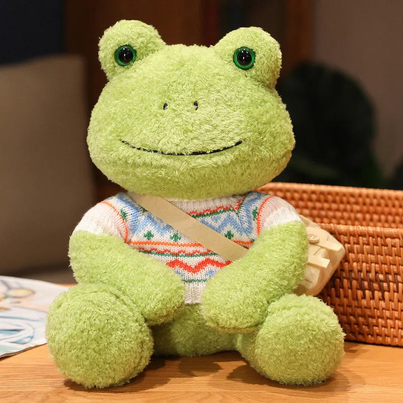 Cute Green Plush Frog with Knitted Sweater & Bag