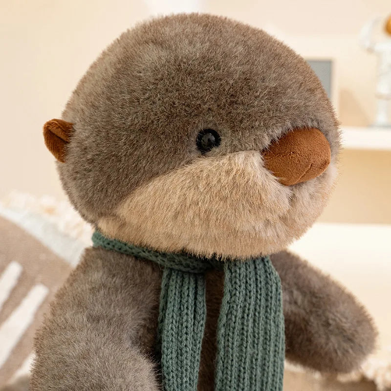 Cuddly Plush Otter with Knitted Green Scarf