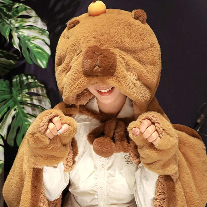 Brown Capybara Plush Animal Hood with Scarf & Paws