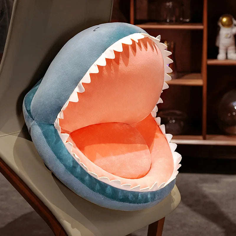 Cozy Grey Plush Shark Open Mouth Floor Bed