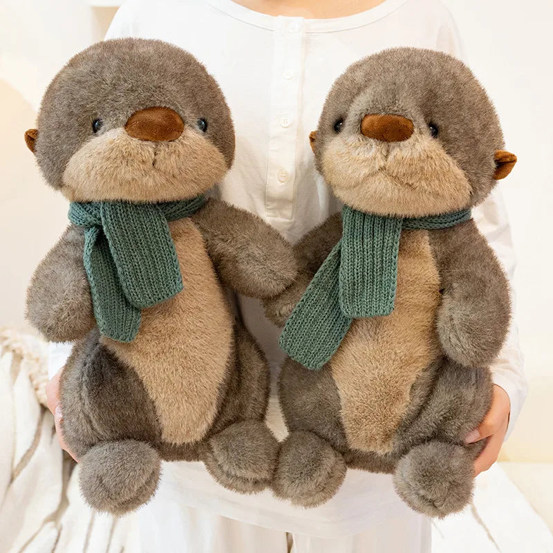 Cuddly Plush Otter with Knitted Green Scarf