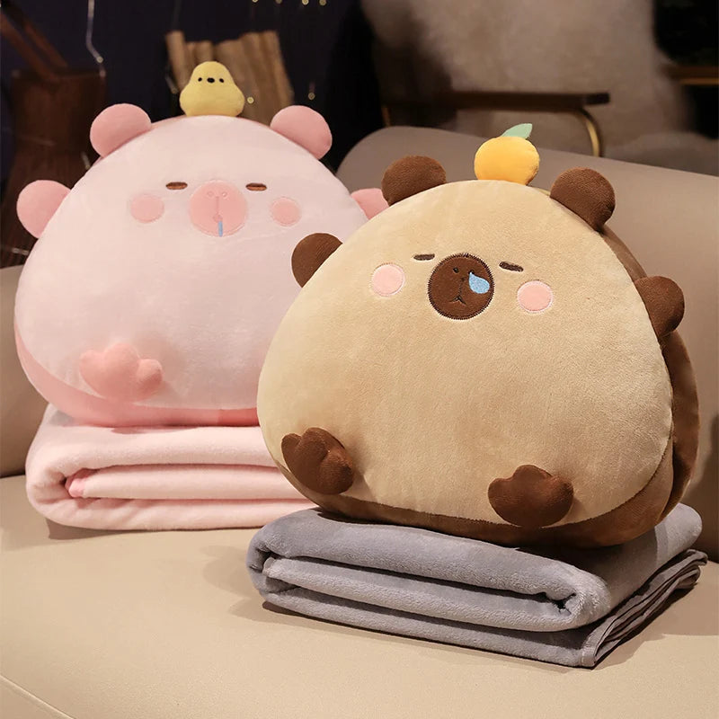 Beige Sleepy Animal Plush Pillow with Hidden Blanket