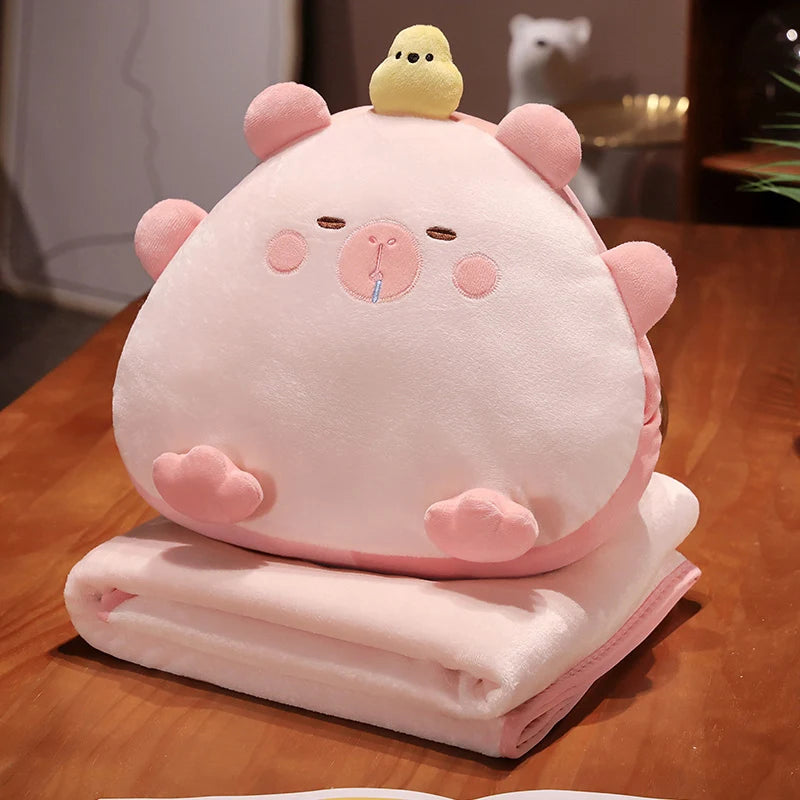 Beige Sleepy Animal Plush Pillow with Hidden Blanket