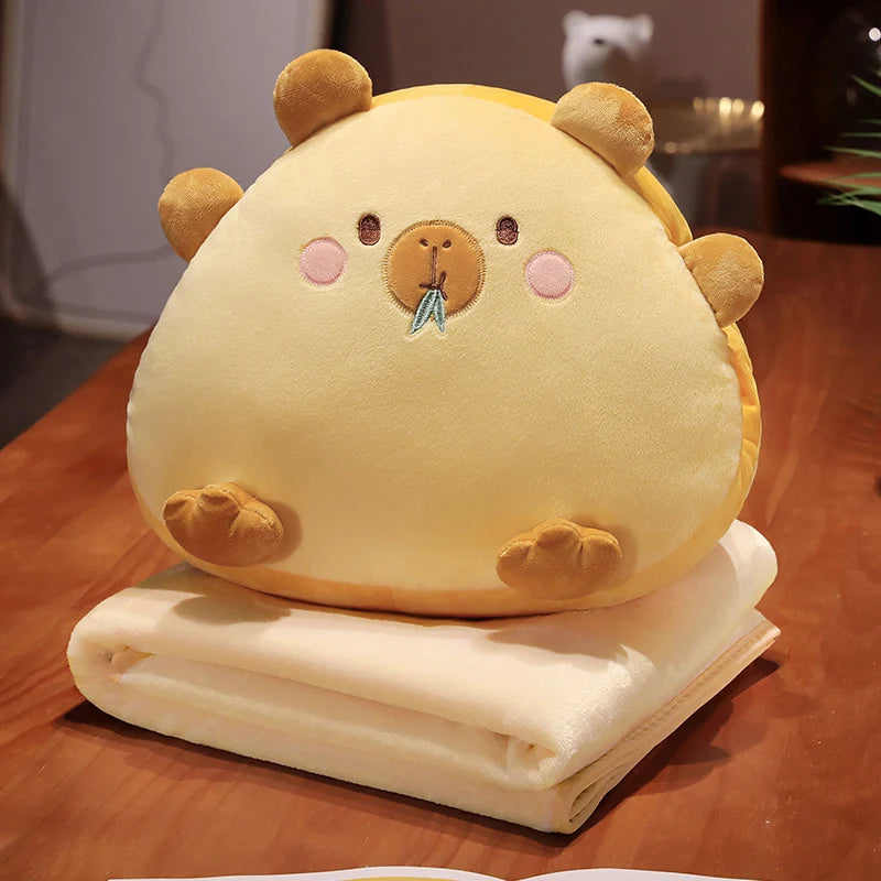 Beige Sleepy Animal Plush Pillow with Hidden Blanket