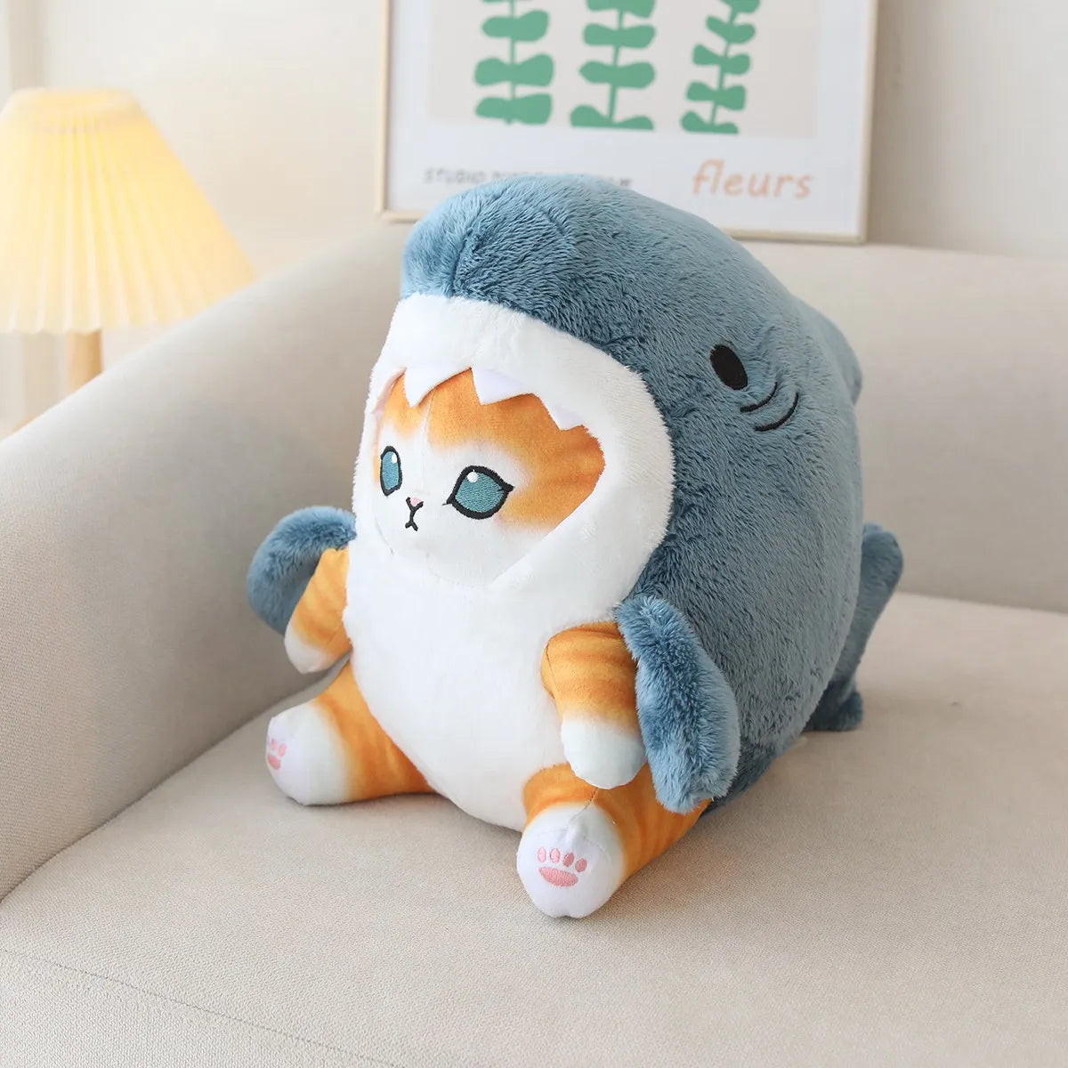 Cute Orange Tabby Cat in Blue Shark Plush