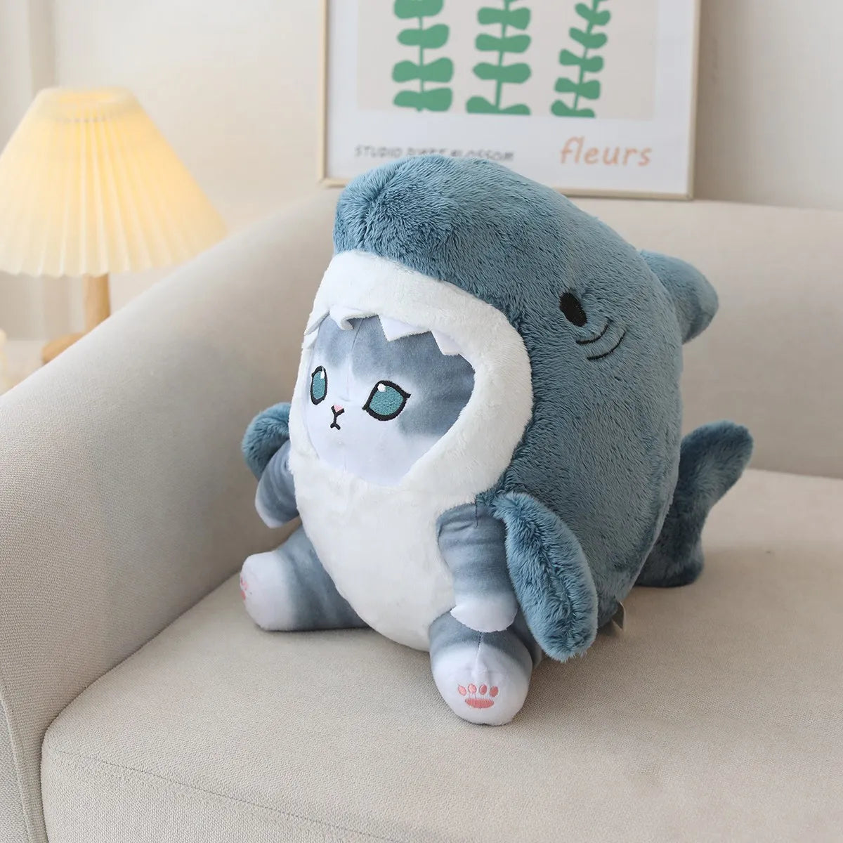 Cute Orange Tabby Cat in Blue Shark Plush