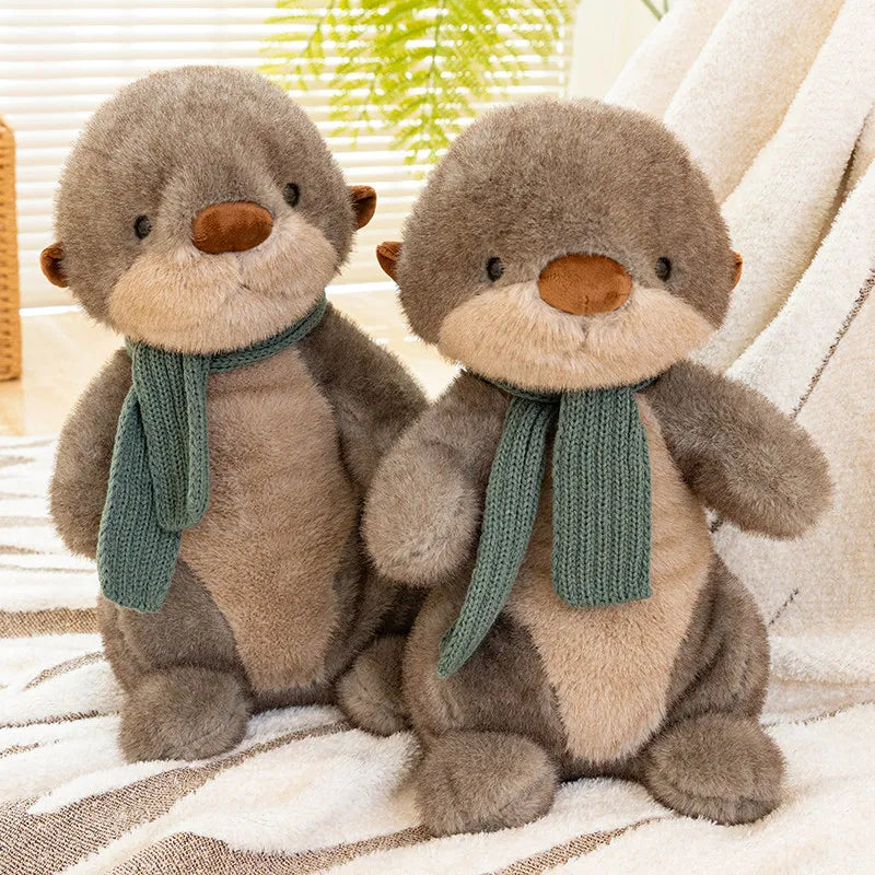 Cuddly Plush Otter with Knitted Green Scarf