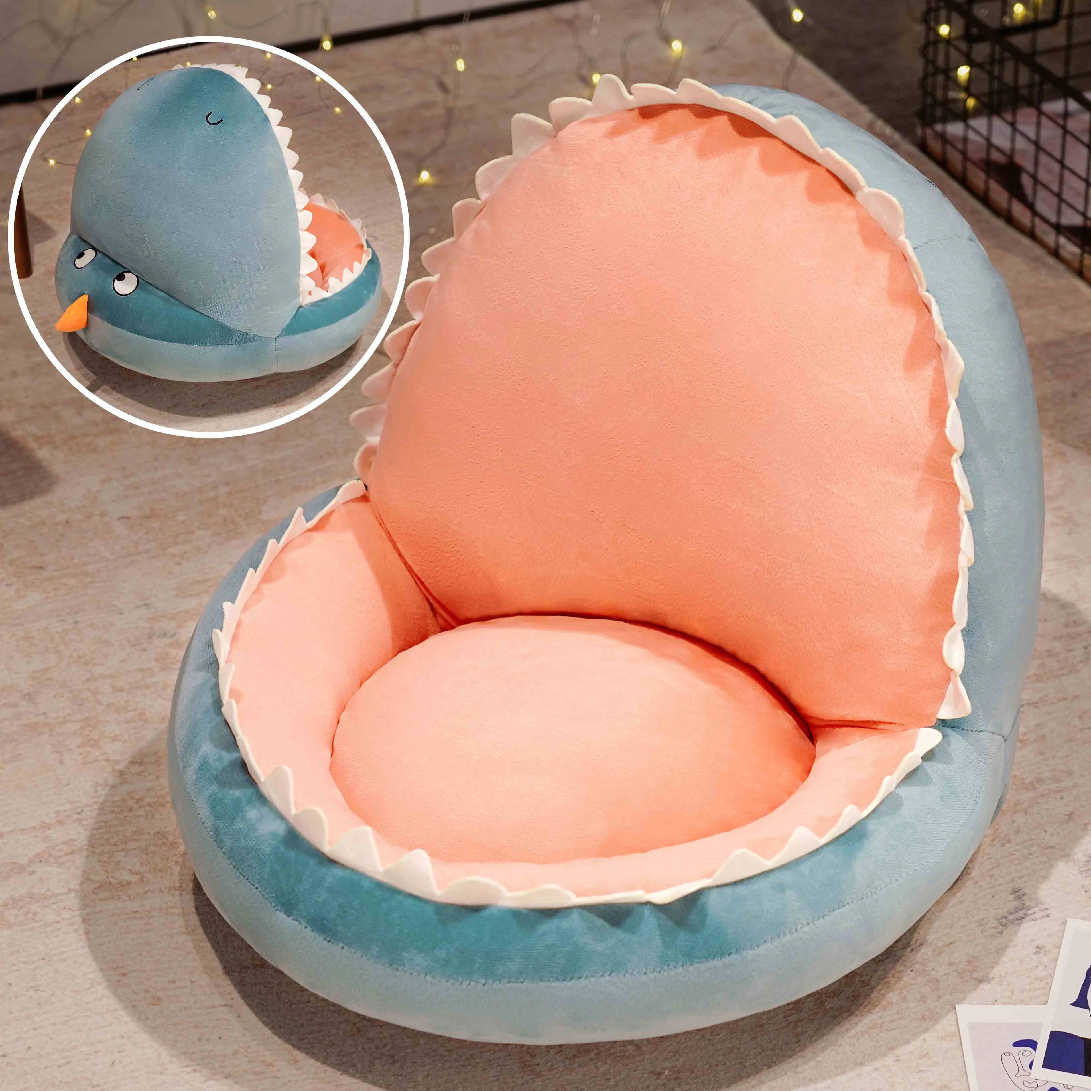 Cozy Grey Plush Shark Open Mouth Floor Bed