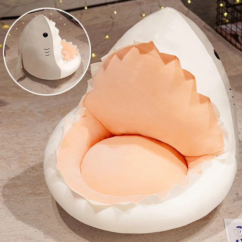 Cozy Grey Plush Shark Open Mouth Floor Bed