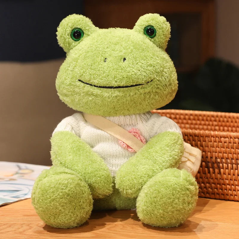 Cute Green Plush Frog with Knitted Sweater & Bag