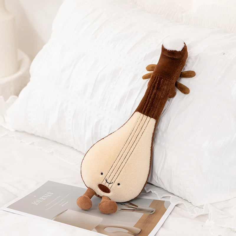 Cute Brown Violin Plush Toy with Smile Face