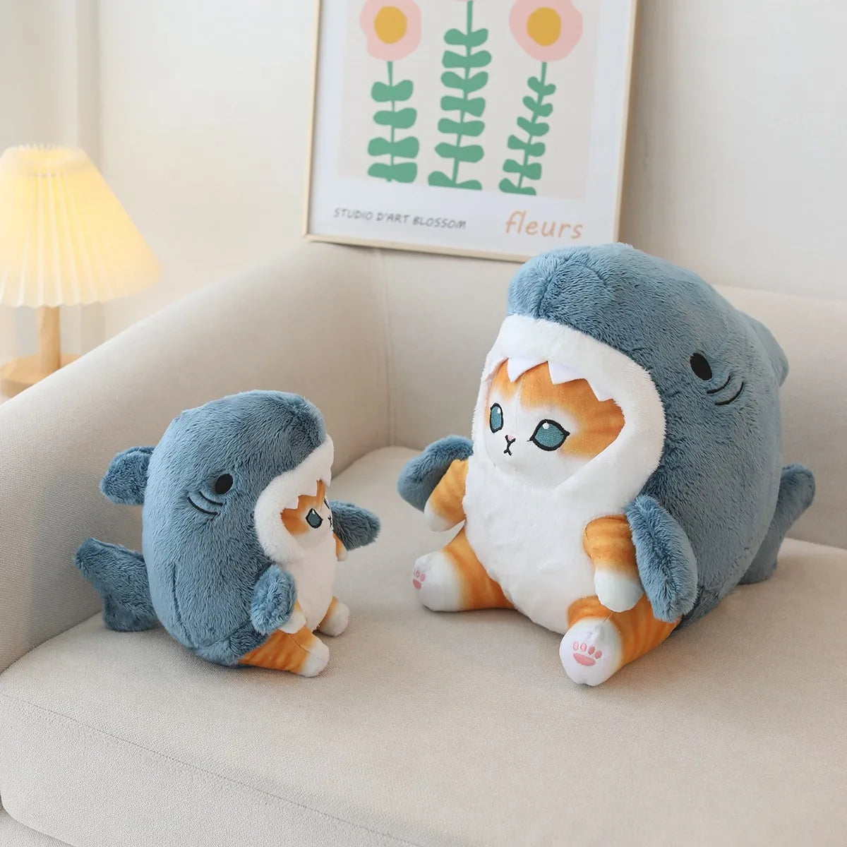 Cute Orange Tabby Cat in Blue Shark Plush