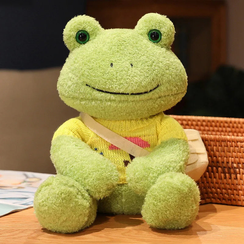 Cute Green Plush Frog with Knitted Sweater & Bag